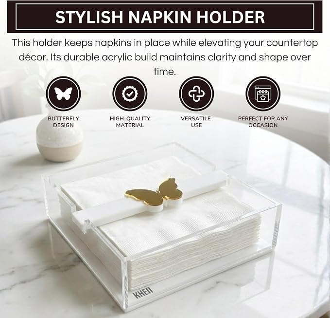 Butterfly Napkin Holder, Single Piece, Clear White Acrylic Square Paper Dispenser for Kitchen Countertop Dining Table Serving Tray, Modern Home Decor Organizer Gift Parties and Everyday Use