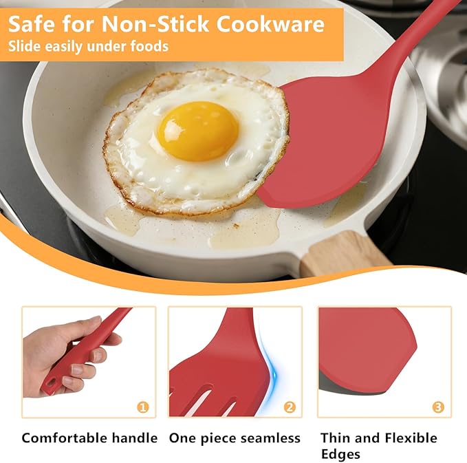 Pancake Silicone Spatula Set, Flexible Turner Spatulas for Flipping, BPA Free, Non Stick and Non Scratch Great for Egg, Fish, Burgers, Dishwasher Safe (4 Pack, Red)