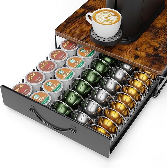 HFHOME Vertuo Pod Holder, Compatible for Nespresso Vertuoline 40 Big or 60 Small Capsules, Wooden Top and Mesh Shelves, Kitchen Counter Coffee Bar Station Organizer with Sliding Drawer, Rustic Brown