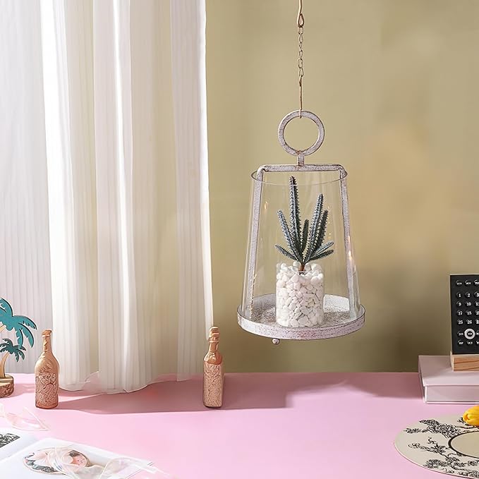 9" Wide Modern Farmhouse Metal Hurricane Candle Holder with Handmade Sturdy Glass Sleeve in Vintage White for Pillar Candle & Plants, Glass Hurricane Lantern, Industrial, Minimalistic