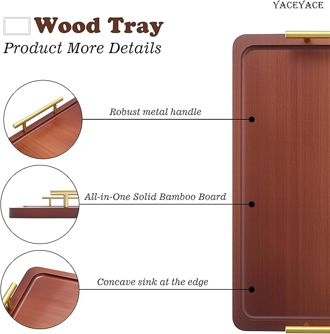 Wood Tray with Metal Handles, 14" x9.5 x1.75 Medium Wood Serving Trays for Ottoman Coffee Table, Serving Tray for Kitchen, Home Decor