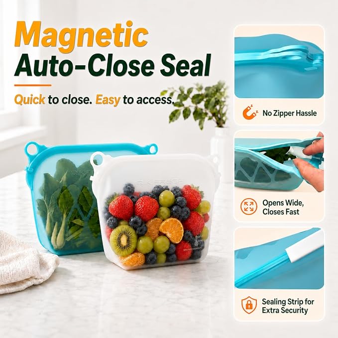 Yosmer Reusable Silicone Food Storage Bag, 50oz/1500ml Food-Grade Silicone Stand-Up Bag with Magnetic Self-Sealing Opening, Clear Windows, Freezer & Dishwasher Safe, White, 1 Pack