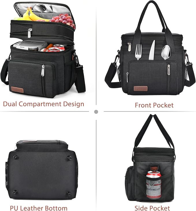 LOKASS Lunch Bag& Lunch Box for Men Women Double Deck,Large Insulated Adult Lunch Box Leakproof Lunchbox Cooler Bag for Work Picnic Beach, Black