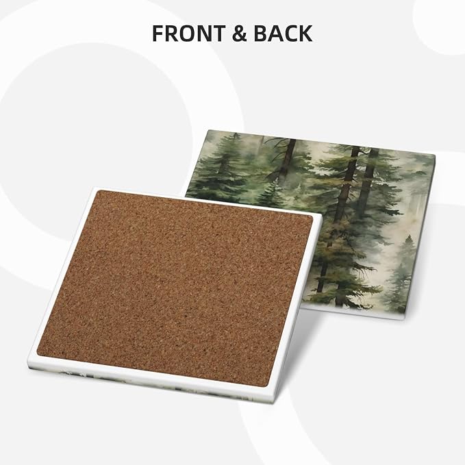 Misty Pine Tree Square Ceramic Coasters Set of 6 Pack, Mountain Green Forest Landscape Foggy Botany Stone Drink Coaster with Cup Holder Anti-Scratc Cork Backing Bar Kitchen Home Housewarming Gift