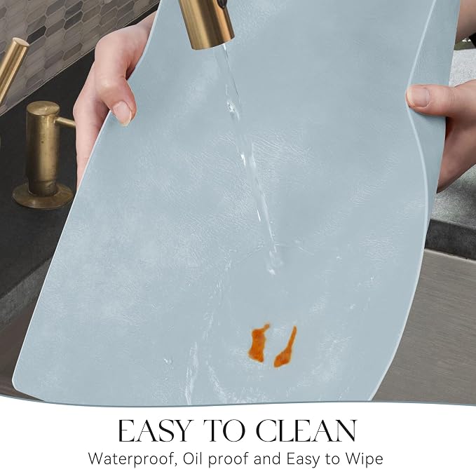 MOSAYT Vinyl Placemats Set of 12-12 X 17 Inch - Faux Leather 100% Waterproof Oil-Proof Wipeable PU Place Mats, Heat Resistant Reversible Table Mats for Kitchen, Dining, Outdoor, Light Grayish Blue