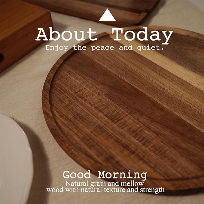 Set of 2 Round Wooden Decorative Serving Tray 11.8 Inch for Coffee Table and Home Decor, Round Wood Tray for Table Centerpiece, Small Candle Tray, Acacia, Appetizer Charcuterie Board