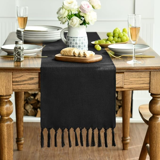 Artoid Mode Black Tassel Table Runner, Halloween Linen Blend Rustic Farmhouse Style Kitchen Table Decoration Holiday Wedding Party Dinning Decor 13x72 Inch