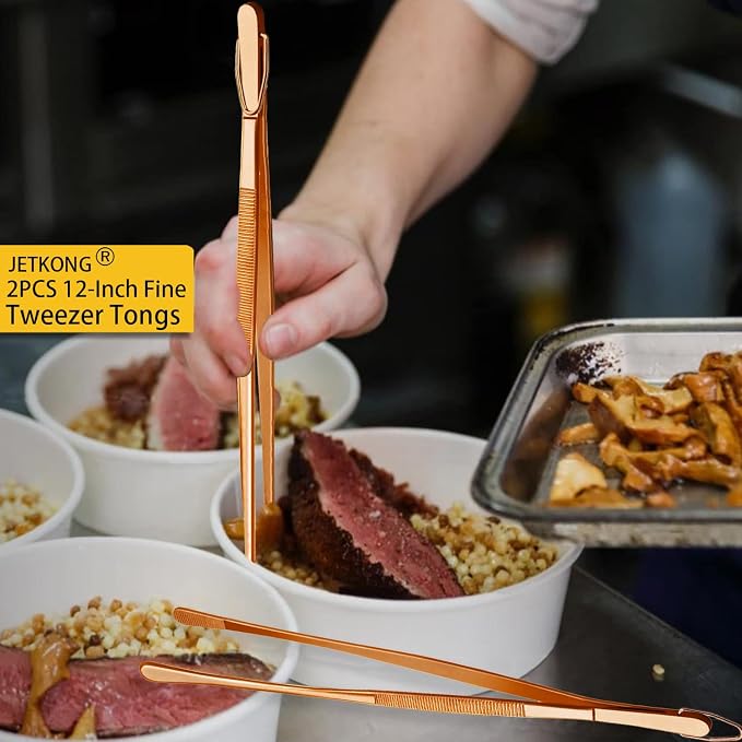JETKONG 2 Pcs 12-Inch Kitchen Tweezers Cooking Tweezer Tongs Stainless Steel Long Food Tweezers (Rose Gold)