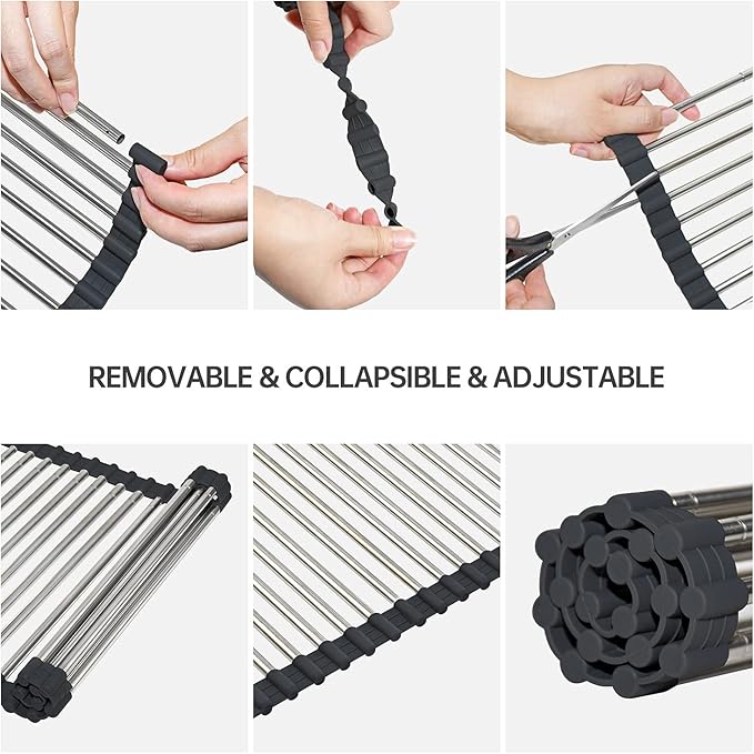CHIRISEN Expandable Roll Up Dish Drying Rack Large, Foldable Over The Sink Dish Drying Rack, Collapsible Stainless Steel Drainer Over Sink Dish Drying Rack for Kitchen Counter (Black, 21.25''x12.79'')