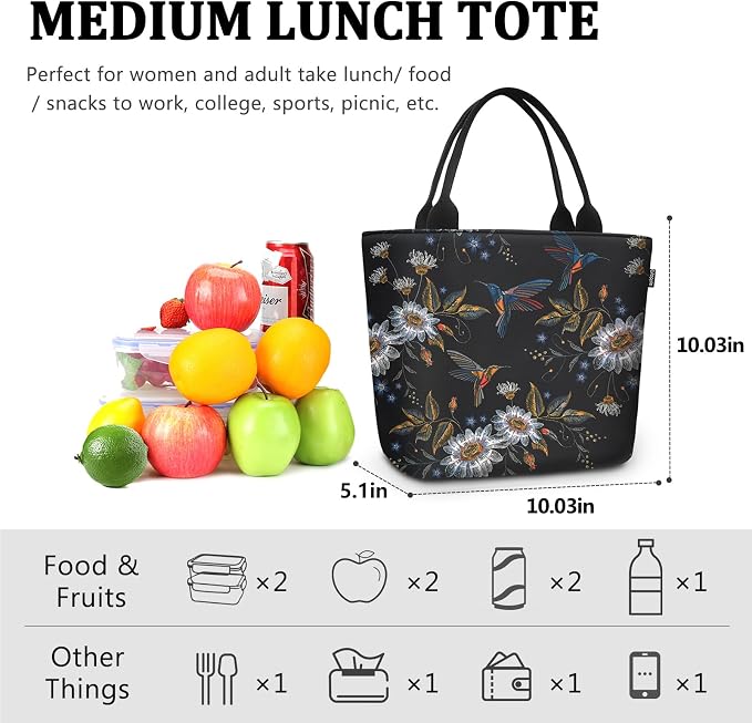 Gloppie Lunch Bag for Women Insulated Lunch Tote Leakproof Cooler Bag Teacher Appreciation Gifts for Work Hummingbird Daisy 9L