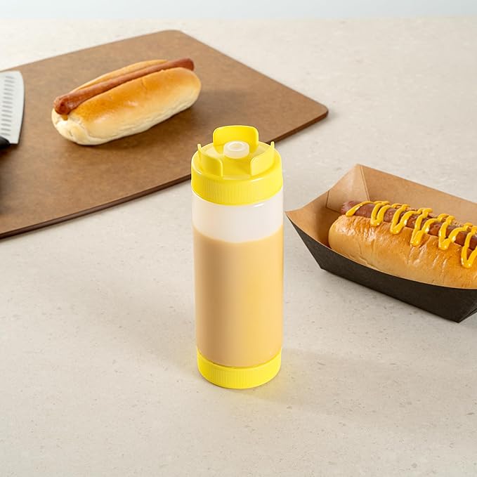 Restaurantware Plastic Squeeze Bottle 20 oz Refillable Condiment Bottle Large Valve Dishwashable Yellow Inverted Sauce Dispenser For Thick Condiments, Dressings, Batter, Sour Cream, And Syrups