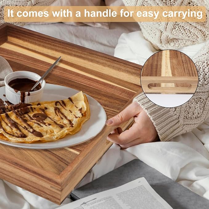 24'' Extra Large Square Wood Tray - Acacia Wood Ottoman Tray with Handles, Rustic Serving Tray for Living Room, Kitchen and Coffee Table, Wooden Trays for Ottoman,Ottoman Table Topper