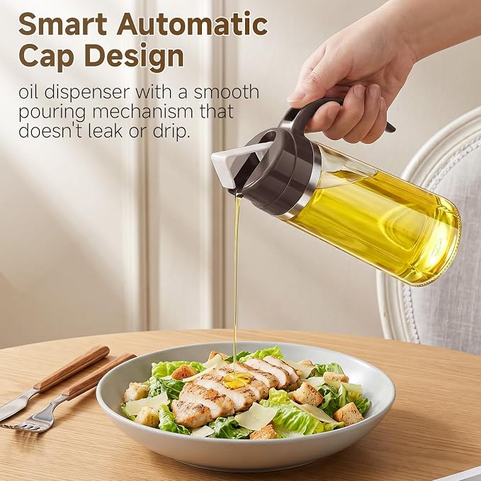 Marbrasse Auto Flip Olive Oil Dispenser Bottle,20 OZ Leakproof Condiment Container With Automatic Cap and Stopper,Non-Drip Spout,Non-Slip Handle for Kitchen Cooking Brown