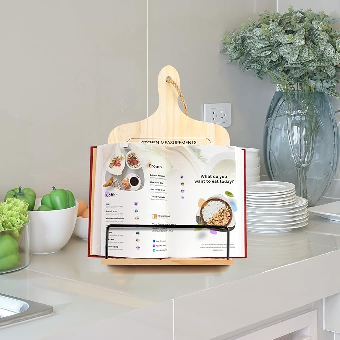 comfoyar Cookbook Stand for Kitchen Counter, Sturdy Recipe Book Holder with Adjustable Angle, Foldable Wood Cook Book Stand Holder with Measurement Conversion Chart, Easy Storage