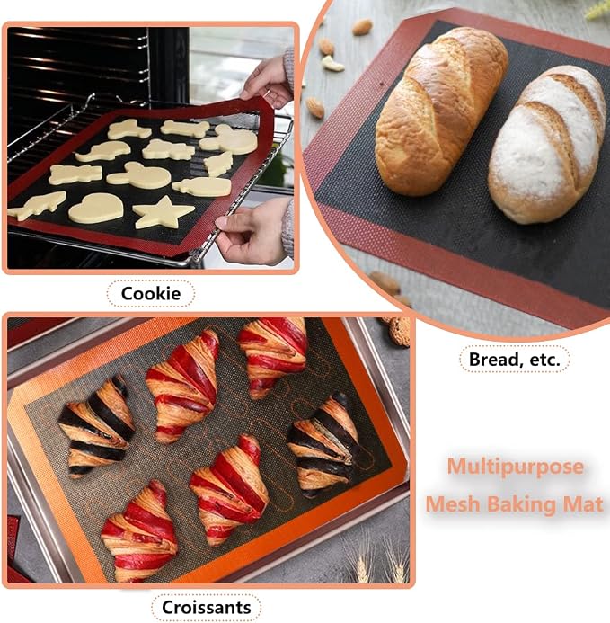 Perforated Silicone Baking Mats, 2 PCS Eclair Silicone Mat for Half Sheet with 12 Printed Oblong Eclair Guides, Non-Stick Reusable Oven Liners for Making Bread/Pizza/Pastry/Cookie 11-4/5" x 15-3/4"