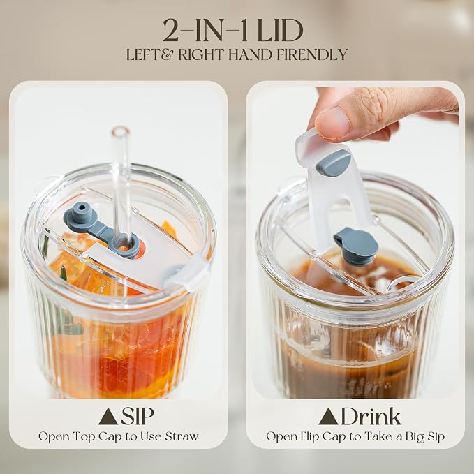 KEMORELA 2PCS 20oz Double Wall Ribbed Glass Cups with Lids and Straws, Insulated Borosilicate Glass Tumblers, Heat-Resistant, leak-proof Design for Iced Coffee, Tea, Juice, Reusable for Home & Parties