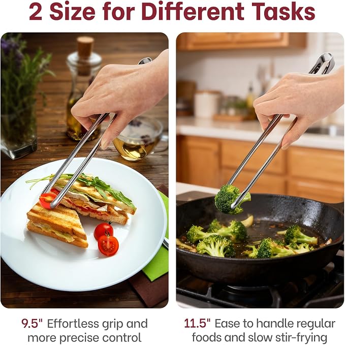 Precision Serrated Non-Slip Tips Cooking Tongs 2 Set (9.5" & 11.5"), One-Piece 18/8 Stainless Steel Metal Tongs, Easily Control Kitchen Tweezer, Multi-Purpose Korean Tong
