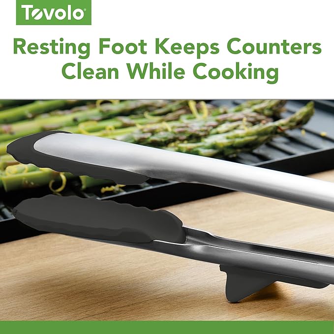 Tovolo Tongs With Silicone Tips Easy Grip 13” Long Kitchen Tongs Stainless Steel Handle For Cooking BBQ, Non Scratch Heat Resistant Locking Metal Silicone Tipped Dishwasher Safe BPA Free, Black