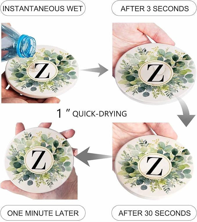 Coasters Set of 4 Letter Z Drink Coasters with Holder Absorbent Stone Ceramic Cup Mat Alphabet Green Eucalyptus Leaves Coaster for Drinks Coffee Bar Office Kitchen Cafe Home Decor