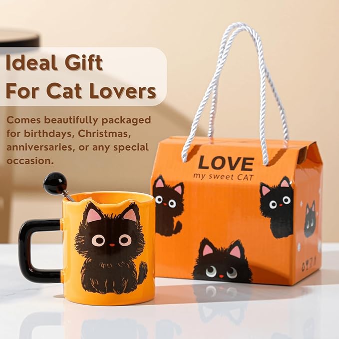 Cute Ceramic Cat Mug with Spoon, 12.8 oz - Kawaii Black Cat Themed Gift for Cat Lovers, Women and Men - Perfect for Coffee, Tea, Milk, and More (Microwave Safe)
