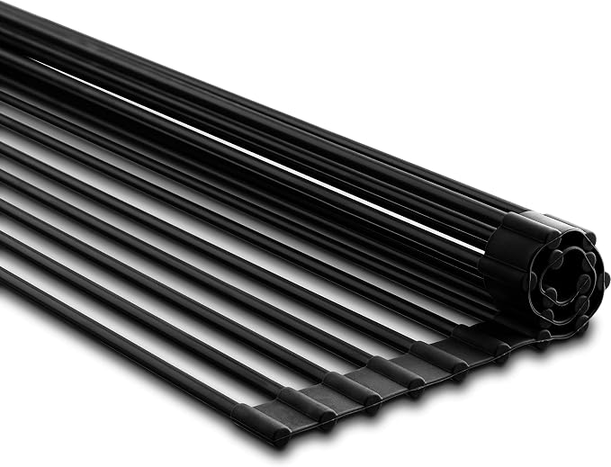 edge Roll Up Dish Drainer, Over The Sink Multi-Purpose Foldable Drying Rack, Silicone Coated Black, Medium- 17" x 13.1"