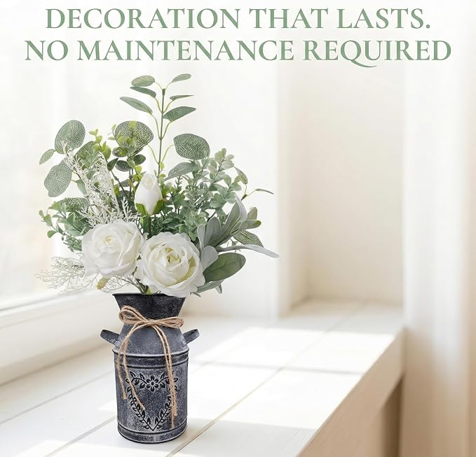 Faux Flowers in Vase 17.5" H Artificial Silk Roses Flower Fake Plants Eucalyptus Arrangement in Metal Vase Faux Silk Floral for Dining Table Centerpieces Home Office Decoration (White/Black Vase)