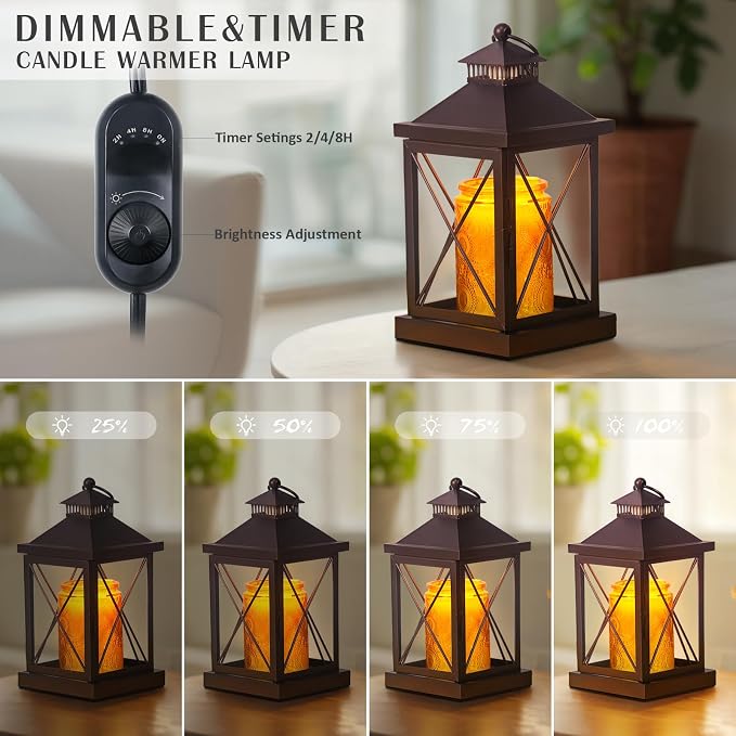 Candle Warmer Lamp with Timer,Dimmable Farmhouse Candle Lamp Warmer,Fully Enclosed and Hanging Up Designed Candle Warmer Vintage Lantern Lamp,Compatible with 3 Wick Candles Jars - Coffee