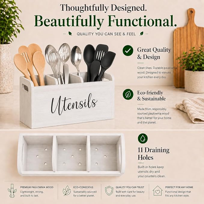 White Kitchen Utensil Holder for Countertop – Large 3-Compartment Cooking Utensil Organizer & Caddy with Drain Holes, Modern Wood Utensil Holder for Kitchen Counter, Spatula & Spoon Storage