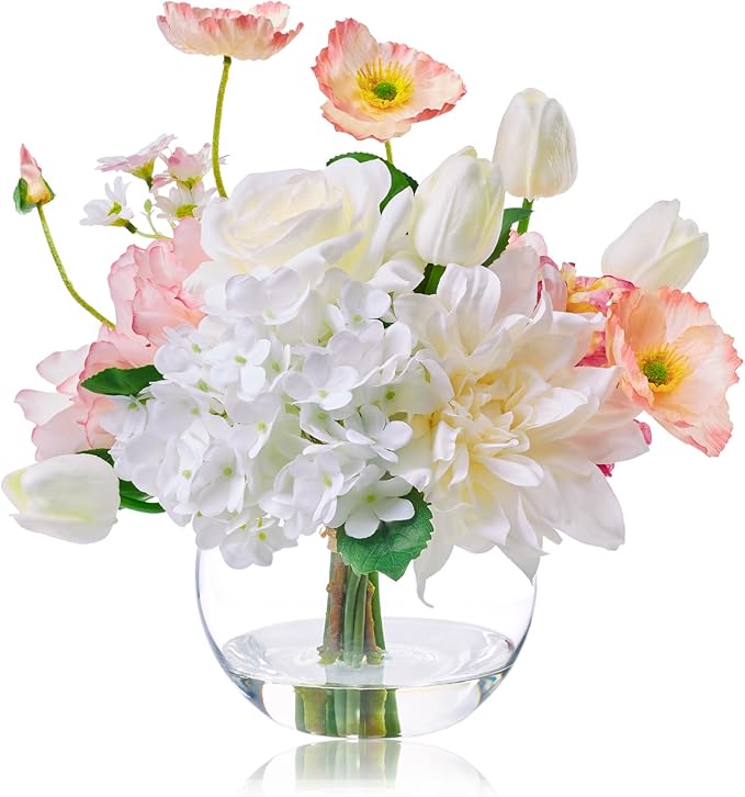 Artificial Flowers in Vase for Seasonal Decor, Mixed White Tulips & Pink Silk Fake Flowers Bouquet Arrangements in Glass Vase with Fake Water for Spring Home Office Hotel Wedding Party Table Decor