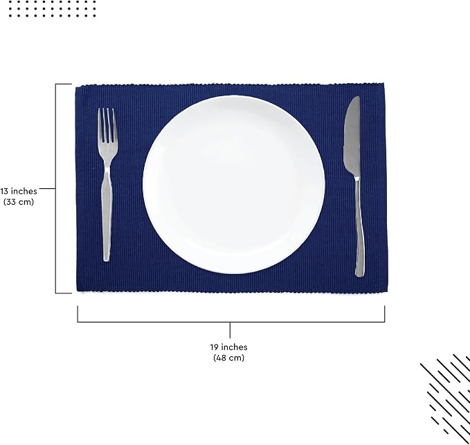 Encasa XO Dining Placemat Set of 6 | Solid Blue Color | Fine Ribbed Cotton Table mat | Size 19x13 in | Machine Washable