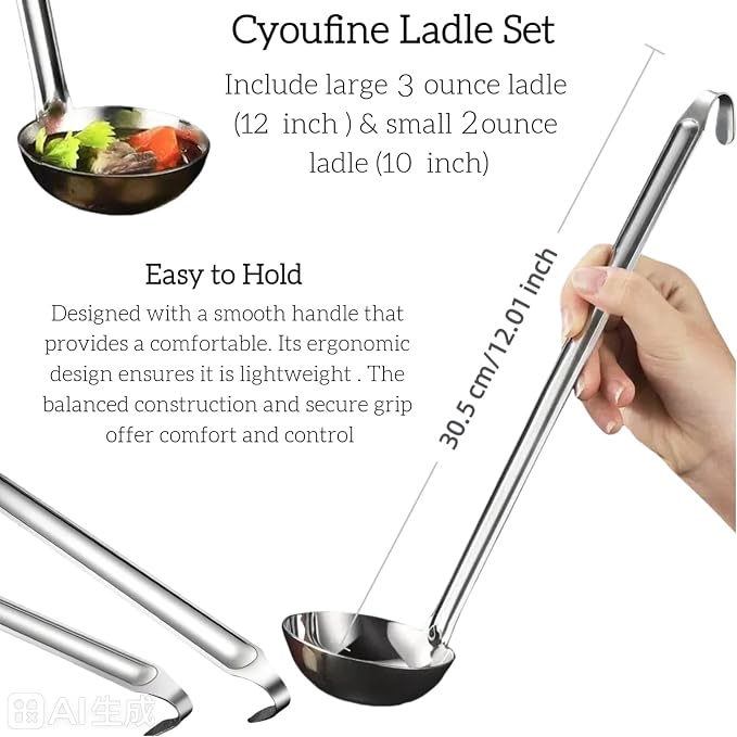Stainless Steel Ladle 3 & 2-Ounce 2PC, Metal Kitchen Soup Ladle Spoon 12 inch & 10 inch Cooking Utensil.
