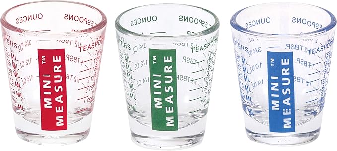 Kolder Mini Measure Heavy Glass, 20-Incremental Measurements Multi-Purpose Liquid and Dry Measuring Shot Glass, Red, Blue and Green, Set of 3