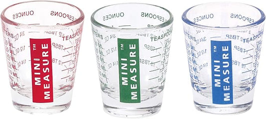 Kolder Mini Measure Heavy Glass, 20-Incremental Measurements Multi-Purpose Liquid and Dry Measuring Shot Glass, Red, Blue and Green, Set of 3