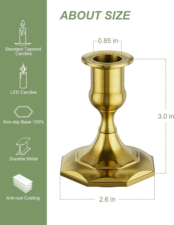 Brass Gold Candle Holders Set of 2, Elegant Metal Candlestick Holders for Weddings,Dining, Special Events, Taper Candle Holders as Table Centerpiece Home Decor Festive Candle Stick Holder