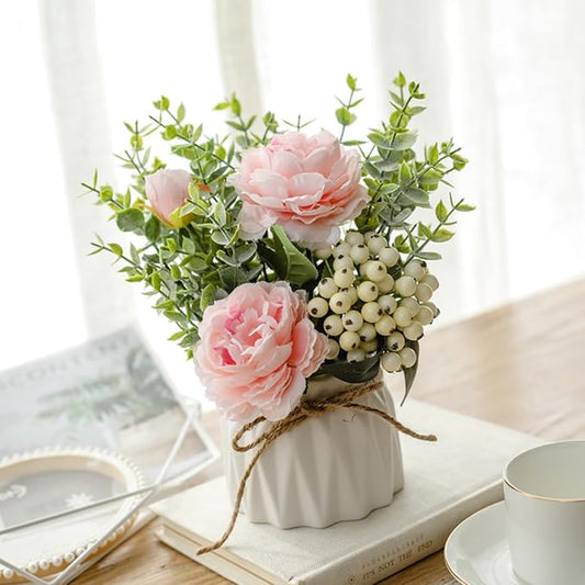 EOBTAIN Fake Flowers in Vase Pink Silk Flowers for Coffee Table Decor Faux Potted Flowers Decoration for Indoor Ceramic Vase with Artificial Plants Flowers Home Decor,Dining Table Centerpiece.