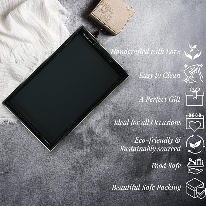 Handcrafted Wooden Serving Tray | Tray with Handle for Snacks, Tea, Kitchen, Coffee Table, Dining | High Gloss Finish with Gold Trim |12.25 x 7.75 x 1.5 inches (Charcoal Black)