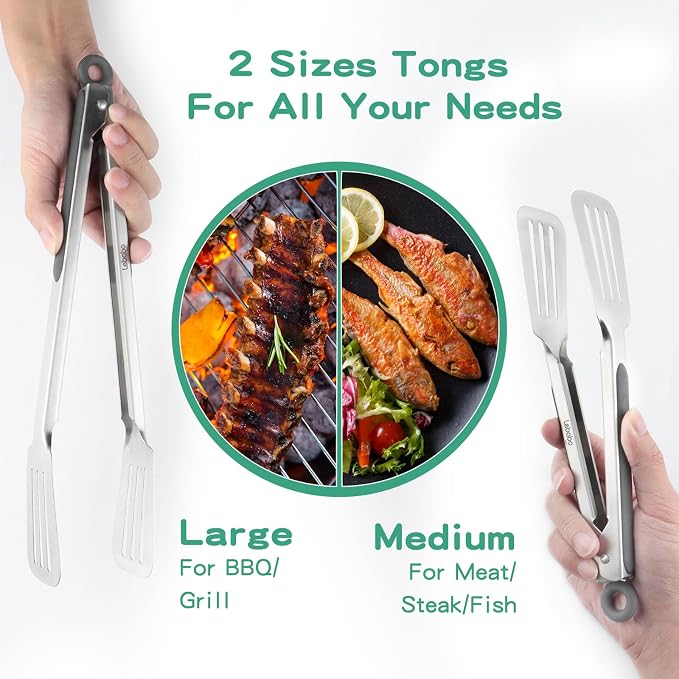 Metal Tongs for Cooking, Set of 2 Stainless Steel Spatula Tongs for Grilling, Cooking and Flipping, Strong Grip for Ribs, Steak and Fish, Comfortable Grip, Pull Lock, 9 inch & 12 inch, Gray