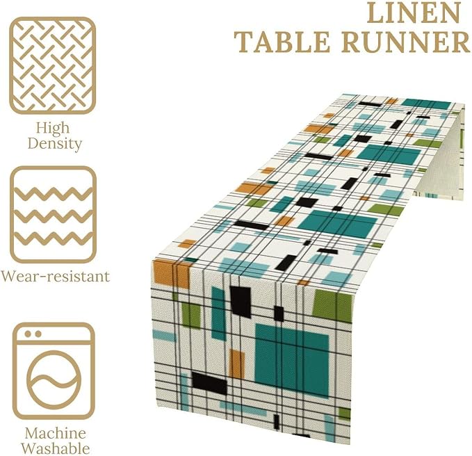 Mid Century Table Runner, 1970s Modern Geometric Pattern Contemporary Style Table Runner Country Farmhouse Cottage Linen Table Decoration for Home Kitchen Dining,13x90 Inch