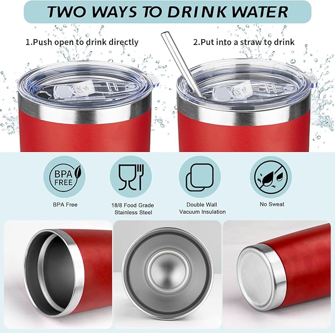 20oz Tumbler with Straw and Brush, Stainless Steel Vacuum Insulated tumbler, Double Wall Insulated Coffee Tumbler for Outdoor, Home, Travel,Office (Bright Red,8pcs)
