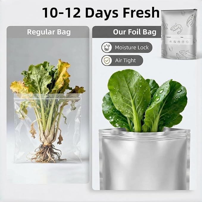 10 Bags per Set Reusable Aluminum Foil Sealable Storage Bags, New Resealable Vacuum Zipper Pouches for Food, Stand Up Foil Sealable Bags with Label and Zip Lock for Vegetable Fruit Meat (Small)