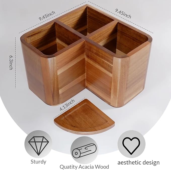 Large Kitchen Utensils Holder with 3 Compartments,Corner Utensil Caddy for Countertop,Acacia Wooden Utensil Organizer for Kitchen Countertop, Farmhouse Decor