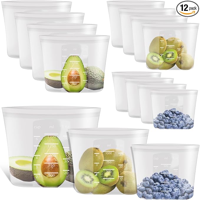 100% Platinum Silicone Reusable Storage Bags, 12 Pack, Premium Silicone Food Storage Bag Stand-Up Wide-Mouth Zip-Lock, Freezer Microwave Oven Dishwasher Safe, 4 M + 4 S + 4 XS, Crystal-Clear