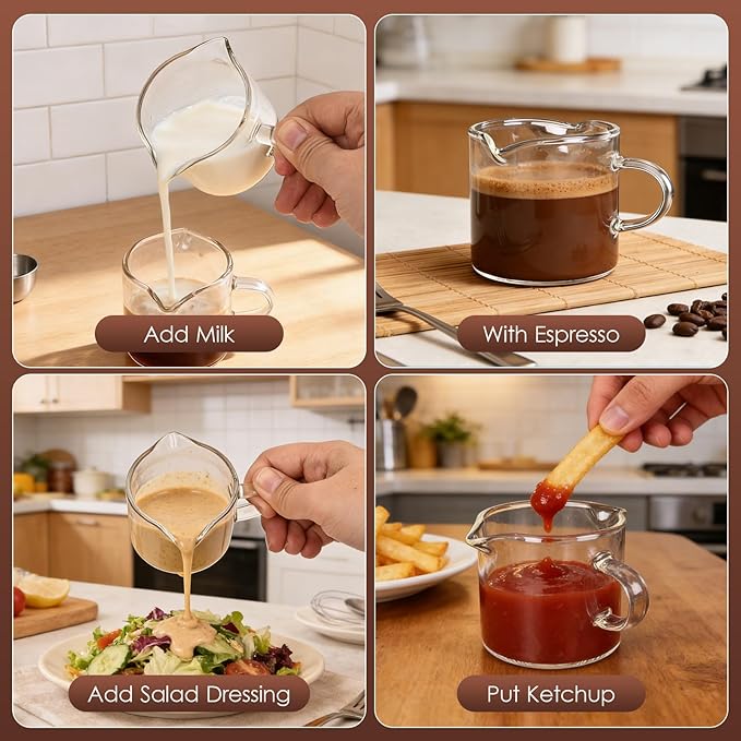 Adorever Espresso Cups Set of 2, 4oz Double Spout Shot Glasses with Handle - Clear Glass Milk Cup for Espresso, Latte Art & Cappuccino - Barista Tools & Home Coffee Machine