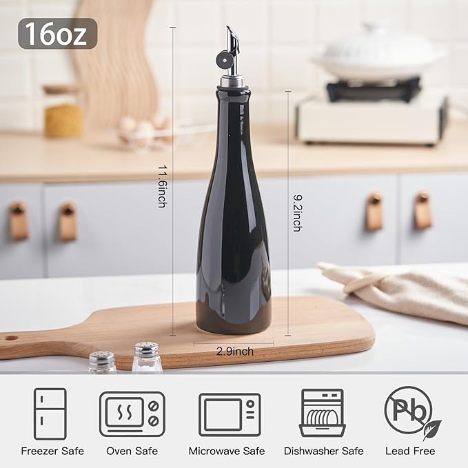 YOLIFE Olive Oil Dispenser Bottle, 16oz Ceramic Oil Dispenser for Kitchen, Oil Bottle with Gravity Spout, Leak Proof EVOO Dispensing Bottle with 2 Spouts and 1 Funnel for Vinegar, Juice(Black)