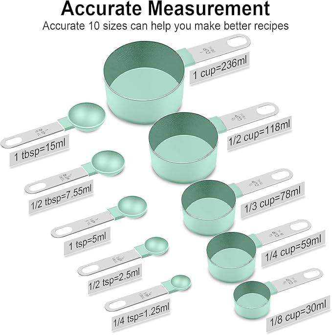 Measuring Cups and Spoons Set, 10 Pieces Nesting Measure Cups and Spoons, Kitchen Essentials Gadgets with Stainless Steel Handle for Dry & Liquid Ingredient (Lake Green 10 Pcs)