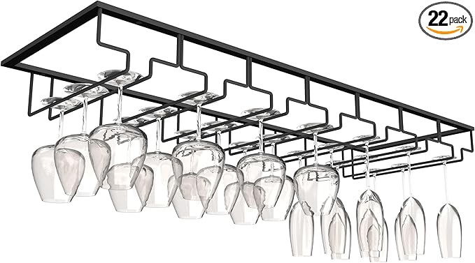 7-Row Stemware Rack - Under Cabinet Wine Glass Holder - Black Metal Hanging Shelf for Kitchen and Bar - Holds Up to 22 Glasses