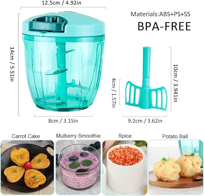 Ourokhome Manual Food Processor Vegetable Chopper, Portable Hand Pull String Garlic Mincer Onion Cutter for Veggies, Ginger, Fruits, Nuts, Herbs, etc., 900ml, Blue