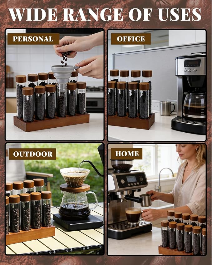 Single Dose Coffee Bean Storage Tubes, 12 Pcs Coffee Container Set 60ml &80ml Glass Small Coffee Bean Jar with Wooden Lids, Walnut Stand, Foldable Silicone Funnel & Labels