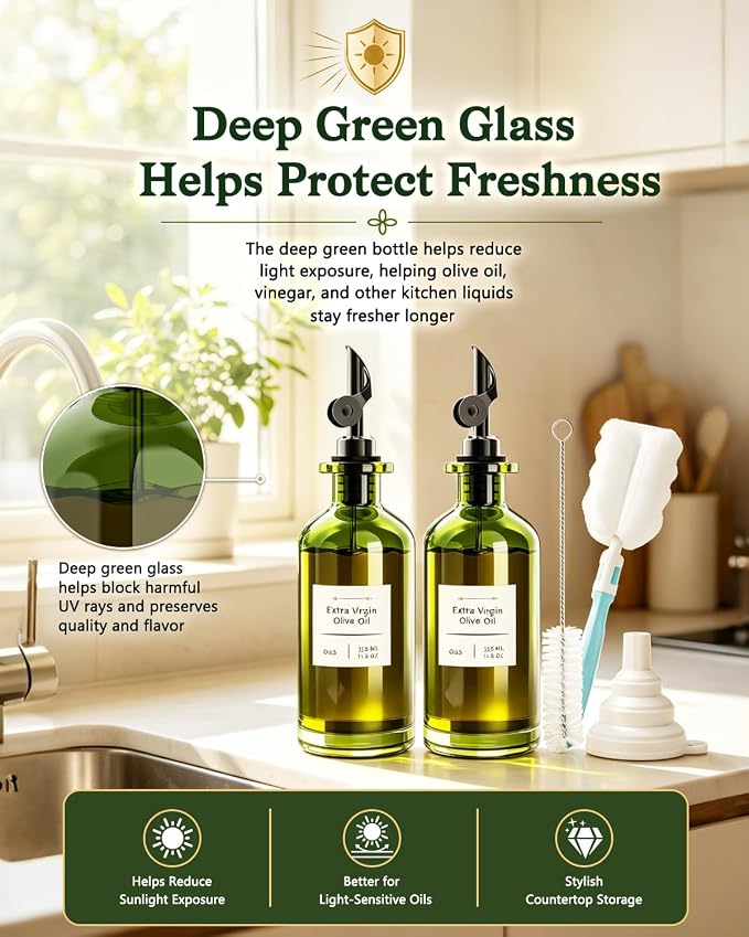 COOLMI Olive Oil Dispenser Set of 2, Dark Green Glass Bottles, 12 oz | Black Auto-Flip Drip-Control Spouts, Funnel, 2 Brushes, And 45 Labels For Oil, Vinegar, Soy Sauce, And Syrup.