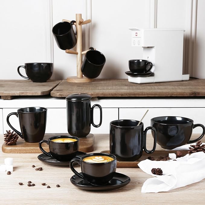 vicrays 6.5 oz Cappuccino Cups with Saucers, Set of 4, Ceramic Coffee Cup for Au Lait, Double shot, Latte, Cafe Mocha, Tea (Black)